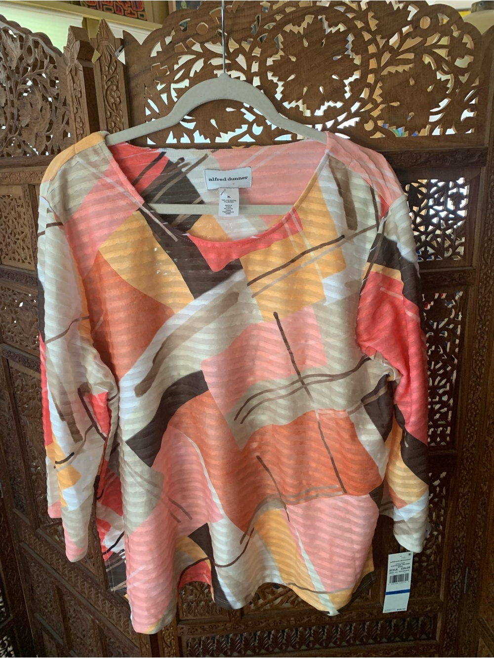 Alfred Dunner Coral, Peach & Yellow Abstract Print Long-Sleeve Top